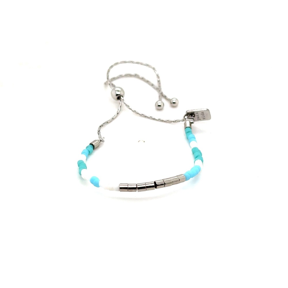 Pura Vida Beaded Bolo Bracelet Blue White Silver Tone Adjustable Slider Charm
